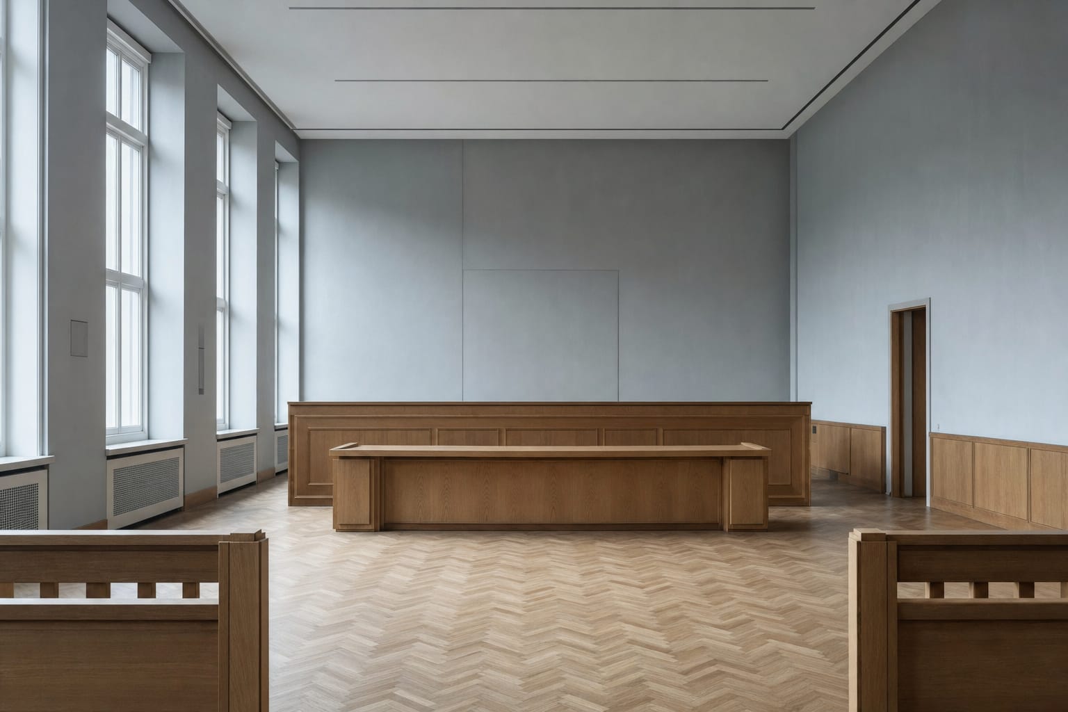 Leerer Gerichtssaal mit schlichter Richterbank und hohen Fenstern